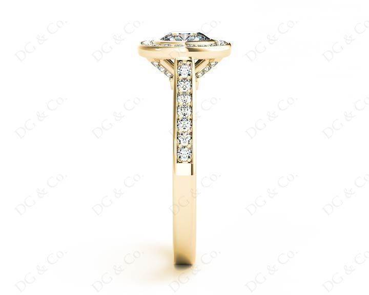 Cushion Cut Halo Ring with Bezel set centre stone with Side Stones - 18K Yellow - DG & Co. Jewellery