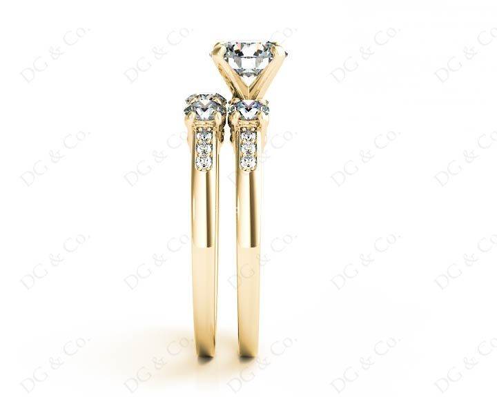 Round Cut Diamond trilogy wedding set rings with claw set side stone - 18K Yellow - DG & Co. Jewellery