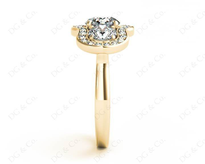 Round Cut Halo Trilogy Diamond Engagement Ring with Pave Set Side Stone In 18K Yellow - DG & Co. Jewellery