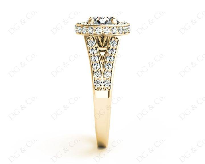 Round Cut Halo Diamond Engagement Ring Split Band with Four Claws Set Centre Stone in 18K Yellow - DG & Co. Jewellery