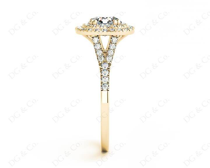 Round Cut Split Shank Diamond Engagement Ring with Double Halo and Pave Set Side Stones in 18K Yellow - DG & Co. Jewellery