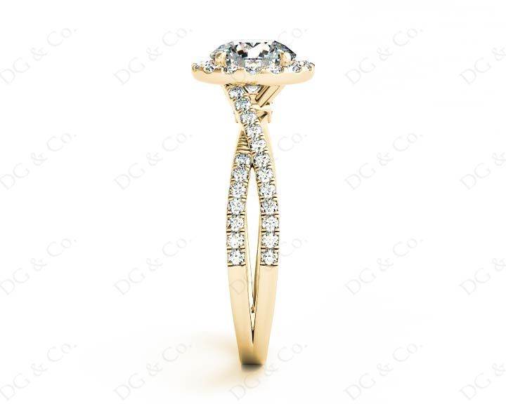 Round Cut Split Shank Diamond Halo Engagement Ring with Pave Set Side Stones Down the Band in 18K Yellow - DG & Co. Jewellery