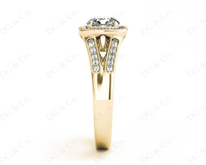 Vintage Style Round Cut Split Shank Milgrain Halo Set Engagement Ring with Channel Set Side Stones in 18K Yellow - DG & Co. Jewellery