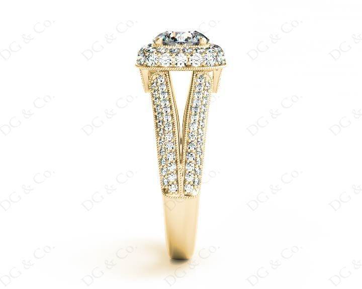 Round Cut Split Shank Milgrain Halo Engagement Ring with Micro Pave Set Diamonds on the Halo and sidestones in 18K Yellow - DG & Co. Jewellery