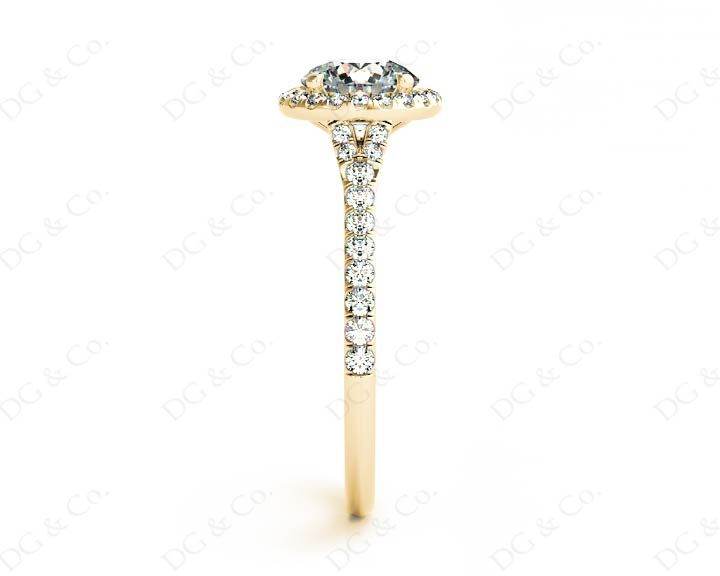 Round Cut Diamond Ring With Round Cut Diamonds Scallop Set on the Halo and Down the Shoulders - 18K Yellow - DG & Co. Jewellery