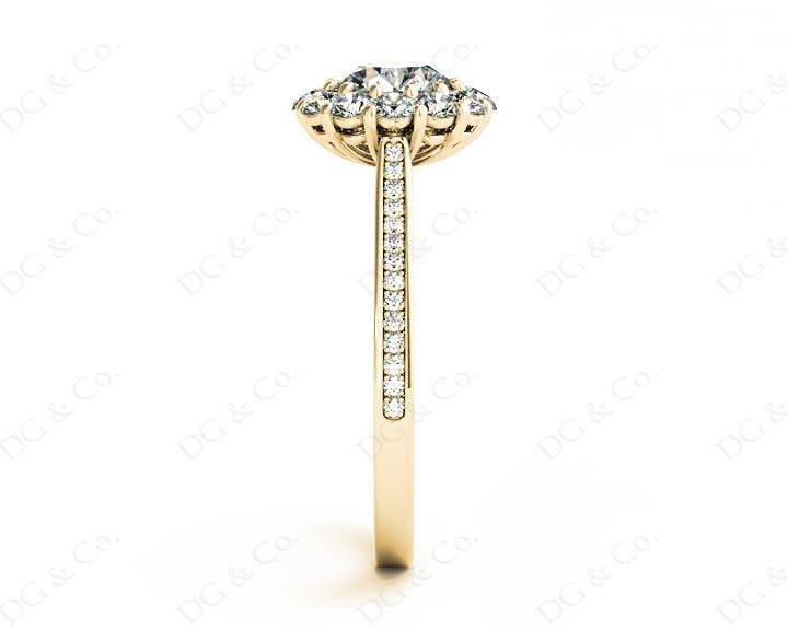 Round Cut Flower Halo Diamond Ring with a Claw Set Halo and Pave Set Side Stones - 18K Yellow - DG & Co. Jewellery