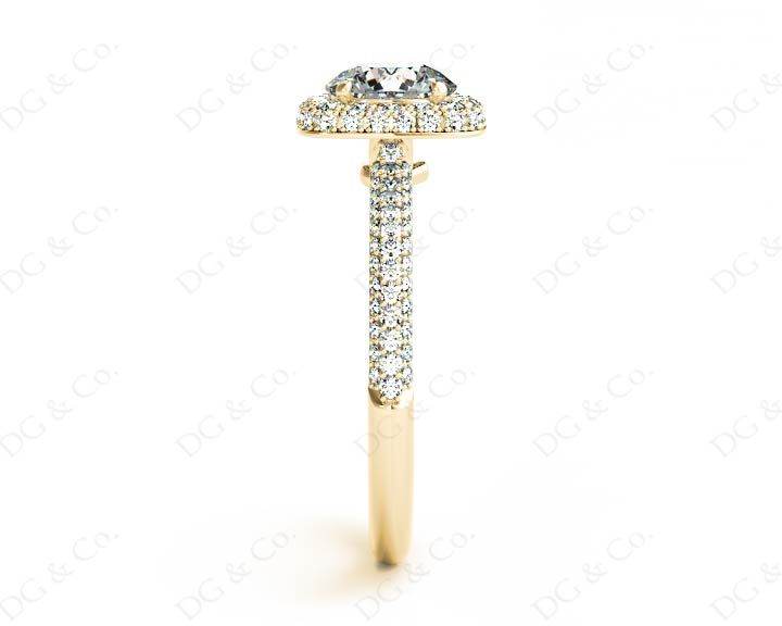 Round Cut Diamond Ring with Micro Pave Set Diamonds on Halo and Down the Shoulders - 18K Yellow - DG & Co. Jewellery