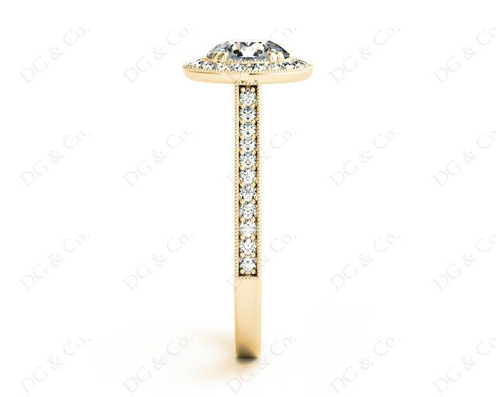 Halo Diamond Engagement Ring Round Cut with Claw Set Centre Stone Miligrain Share Prong Side Stones - 18K Yellow - DG & Co. Jewellery