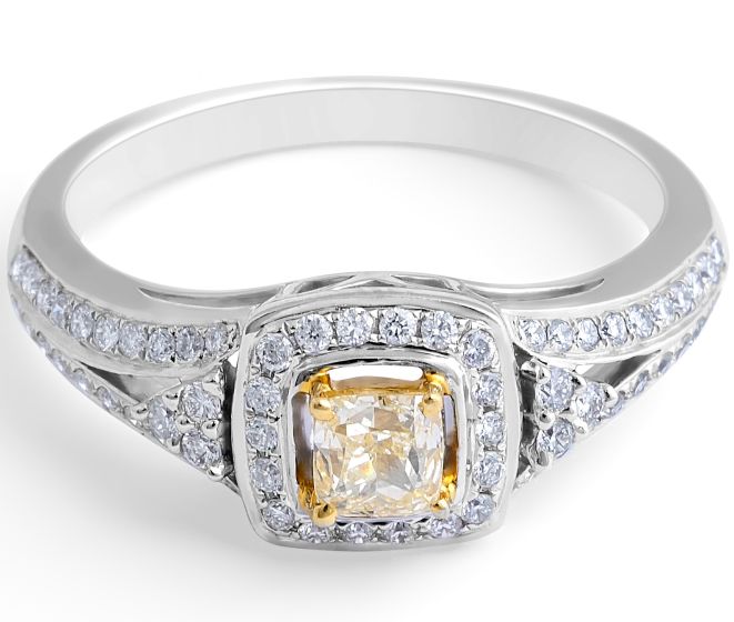 Fancy Yellow Cushion Diamond Halo Ring in 18 Karat Gemstone rings