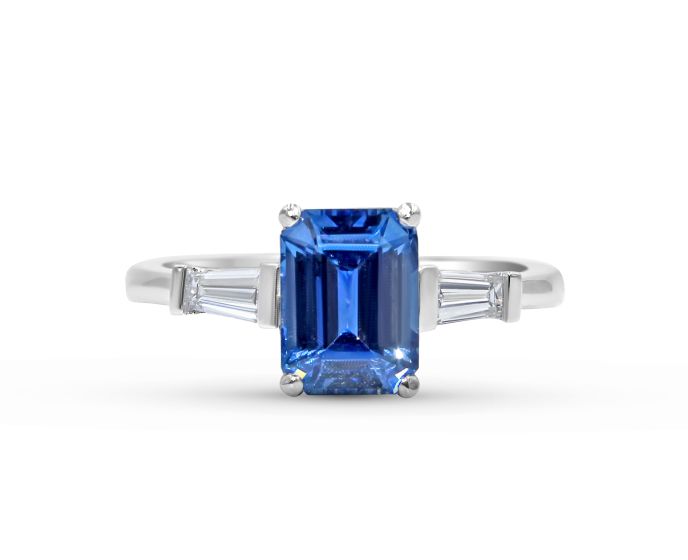 Emerald Cut Ceylon Blue Sapphire Diamond Engagement Ring with Tapered Diamond Shoulder  In 18K White Gold