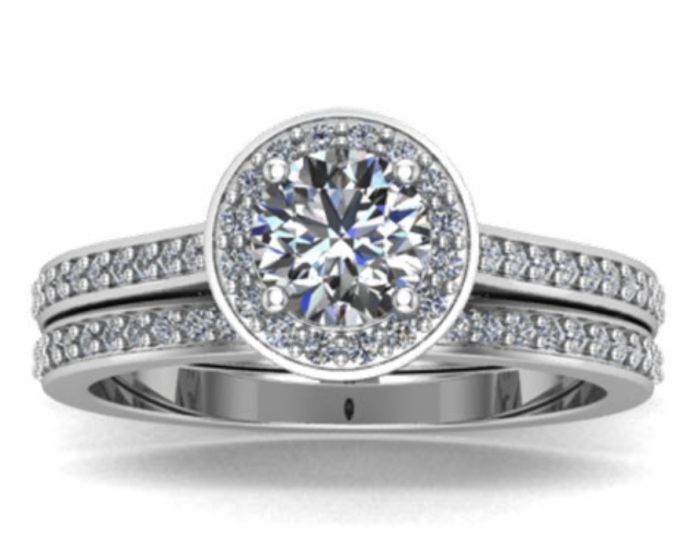 Halo Round Brilliant Cut 4 Prongs Diamond Wedding Set Rings Share Prongs Side Stones In 18K White Gold