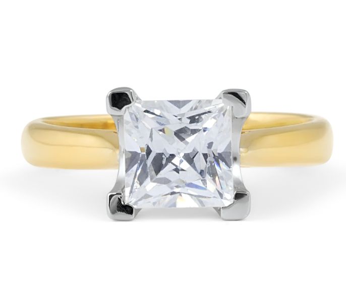 Princess Cut V Claw Setting Solitaire Diamond Engagement Ring In 18K Yellow And White Gold 