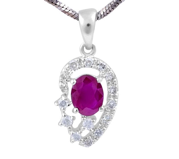 Ruby Diamond Halo Pendant in 14 Karat White Gold Precious Gems