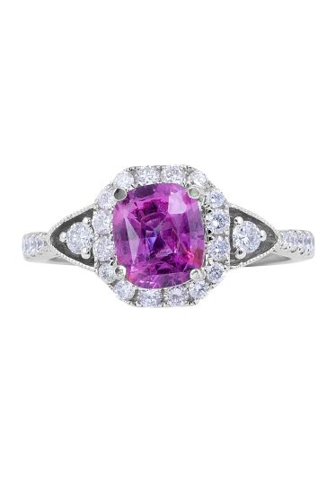Pink Sapphire Diamond Halo Engagement Ring in 18 Karat White Gold Engagement rings 