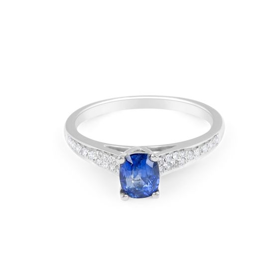 Blue Sapphire Diamond Engagement Ring in 18 Karat White Gold - Precious Gems