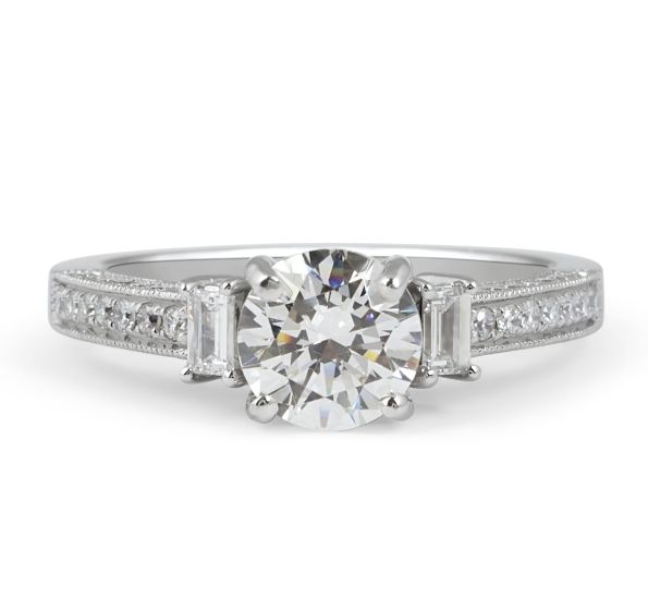 Vintage Style Round Cut Trilogy Diamond Engagement Ring Baguette Setting Side Stones In 18K White Gold...