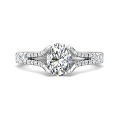 Oval Cut Split Shank Diamond Engagement Ring Four Claw Setting Centre Stone Pave Setting Side Stone In18K White Gold 