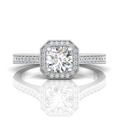 Vintage Round Cut Halo Diamond Engagement Ring With Four Claw Setting Centre Stone-Platinum