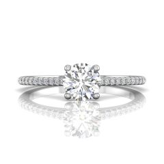 Round Cut Claw Set Hidden Halo Diamond Ring With Pave Set Side Stone-18K White