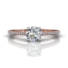 Round Cut Claw Set Hidden Halo Diamond Ring With Pave Set Side Stone-18K Rose