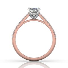 Round Cut Claw Set Hidden Halo Diamond Ring With Pave Set Side Stone-18K Rose