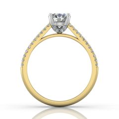 Round Cut Claw Set Hidden Halo Diamond Ring With Pave Set Side Stone-18K Yellow