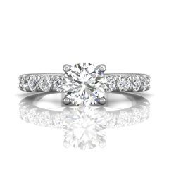 Round Cut Bright and Raised Claw Set Diamond Ring With Pave Set Side Stone -18K White