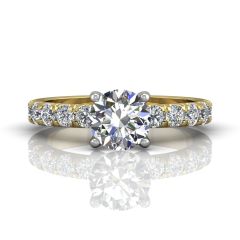 Round Cut Bright and Raised Claw Set Diamond Ring With Pave Set Side Stone -18K Yellow