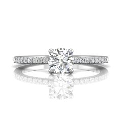 Round Cut Claw Set Diamond Ring With Pave Set Side Stone-18K White