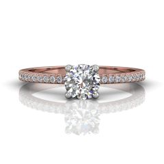Round Cut Claw Set Diamond Ring With Pave Set Side Stone-18K Rose