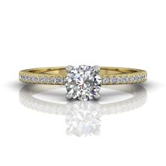 Round Cut Claw Set Diamond Ring With Pave Set Side Stone-18K Yellow