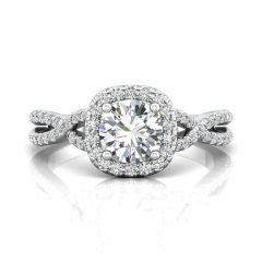 Cushion Cut Halo Diamond Engagement Ring With Four Claw Setting Centre Stone in 18k White Gold