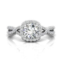Cushion Cut Halo Diamond Engagement Ring Four Claw Setting With a Twist Band Pave Setting -18K White