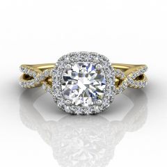 Cushion Cut Halo Diamond Engagement Ring With Four Claw Setting Centre Stone in 18k Yellow Gold