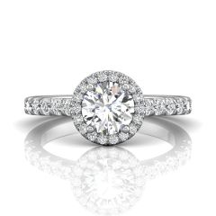 Round Cut  4 Claw Halo Diamond Engagement Ring with Pave Side Stones-18K White