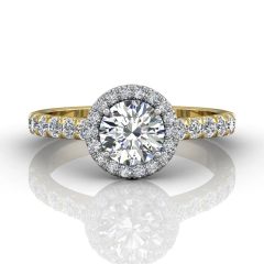 Round Cut  4 Claw Halo Diamond Engagement Ring with Pave Side Stones-18K Yellow