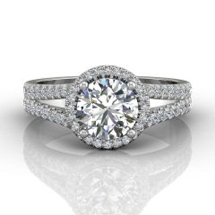 Round Cut Split Band Halo Diamond Engagement Ring With Four Claw Setting Centre Stone-Platinum