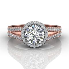 Round Cut Split Band Halo Diamond Engagement Ring With Four Claw Setting Centre Stone-18K Rose