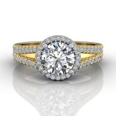 Round Cut Split Band Halo Diamond Engagement Ring With Four Claw Setting Centre Stone-18K Yellow