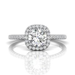  Cushion Cut Halo Diamond Engagement Ring Pave Setting Side Stones -18K White