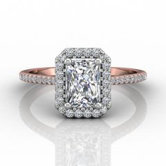 Radiant Cut Two Tone Diamond Halo Engagement Ring with Pavé Side Stones in 18k White and Rose Gold