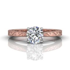 Round Cut 4 Prong Two Tone Vintage Filigree Diamond Engagement Ring in 18k White and Rose Gold