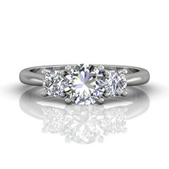 Round Cut Prong Set Three Stone Engagement Ring with a Plain Band in 18k White Gold