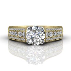 Round Cut Claw Set Diamond Ring With Three Row Side Stone-18K Yellow