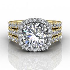 Round Cut Halo Diamond Engagement Ring With Four Claw Setting Centre Stone in 18k White and Yellow Gold