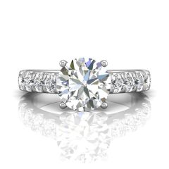 Round Cut 4 Prong Set Diamond Engagement Ring with Pave Set Side Stones-18K White