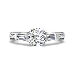 Vintage Style Round Cut Trilogy 3 Stone Diamond Engagement Ring In a Tapered Baguette Side stone Milgrain Share Prong Setting -Platinum