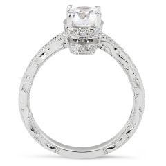 Vintage Style Hand Engraved Diamond Engagement Ring Six Claw Setting In 18k White Gold 