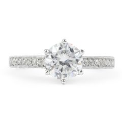 Vintage Style Six Claw Diamond Engagement Ring with Milgrain Setting Side Stones In 18K White gold 