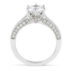 Vintage Style Six Claw Diamond Engagement Ring with Milgrain Setting Side Stones In 18K White gold 